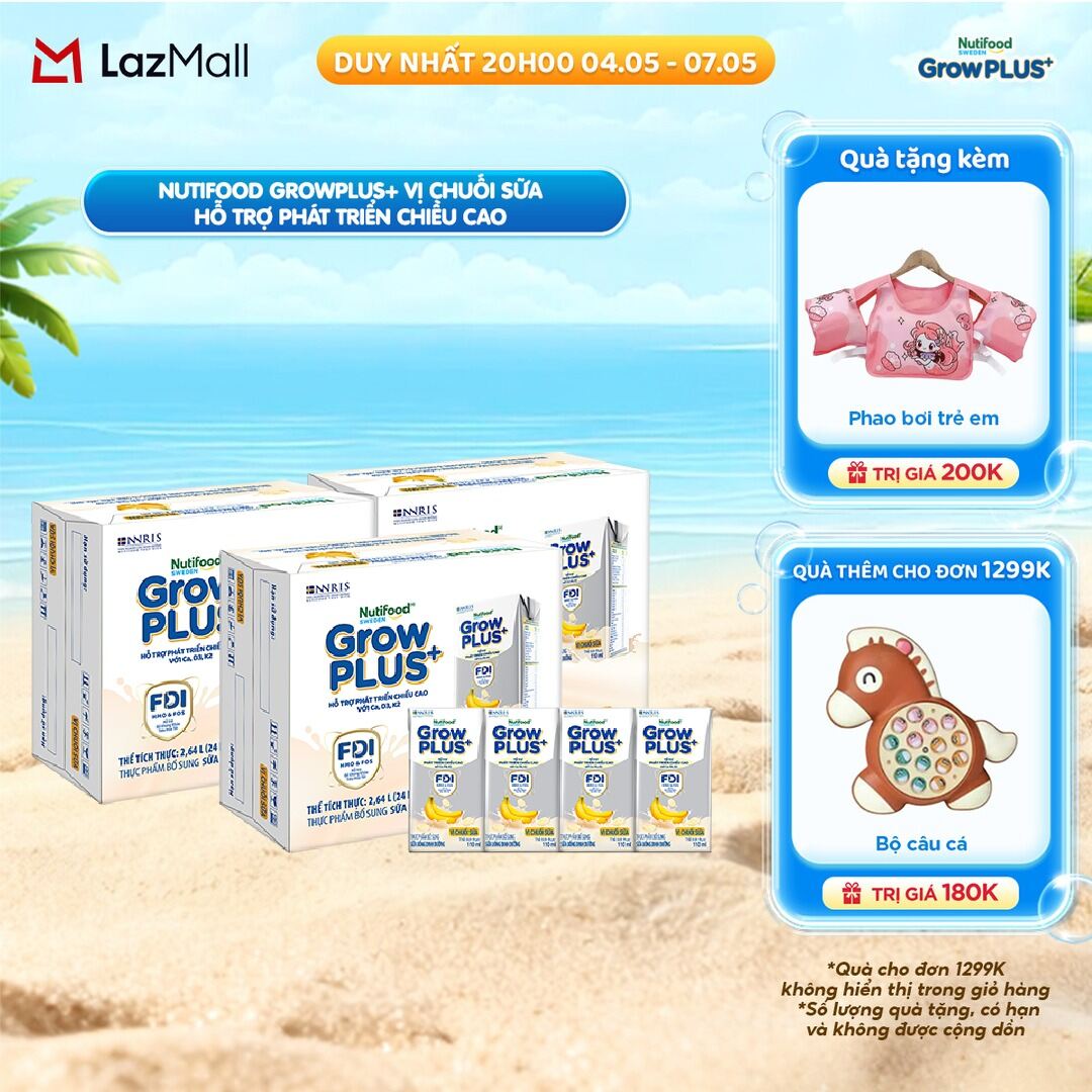 Combo 3 Thùng 24 hộp Sữa bột pha sẵn Nutifood Sweden GrowPLUS+ Vị Chuối Sữa hộp 110ml - Hỗ trợ phát triển chiều cao
