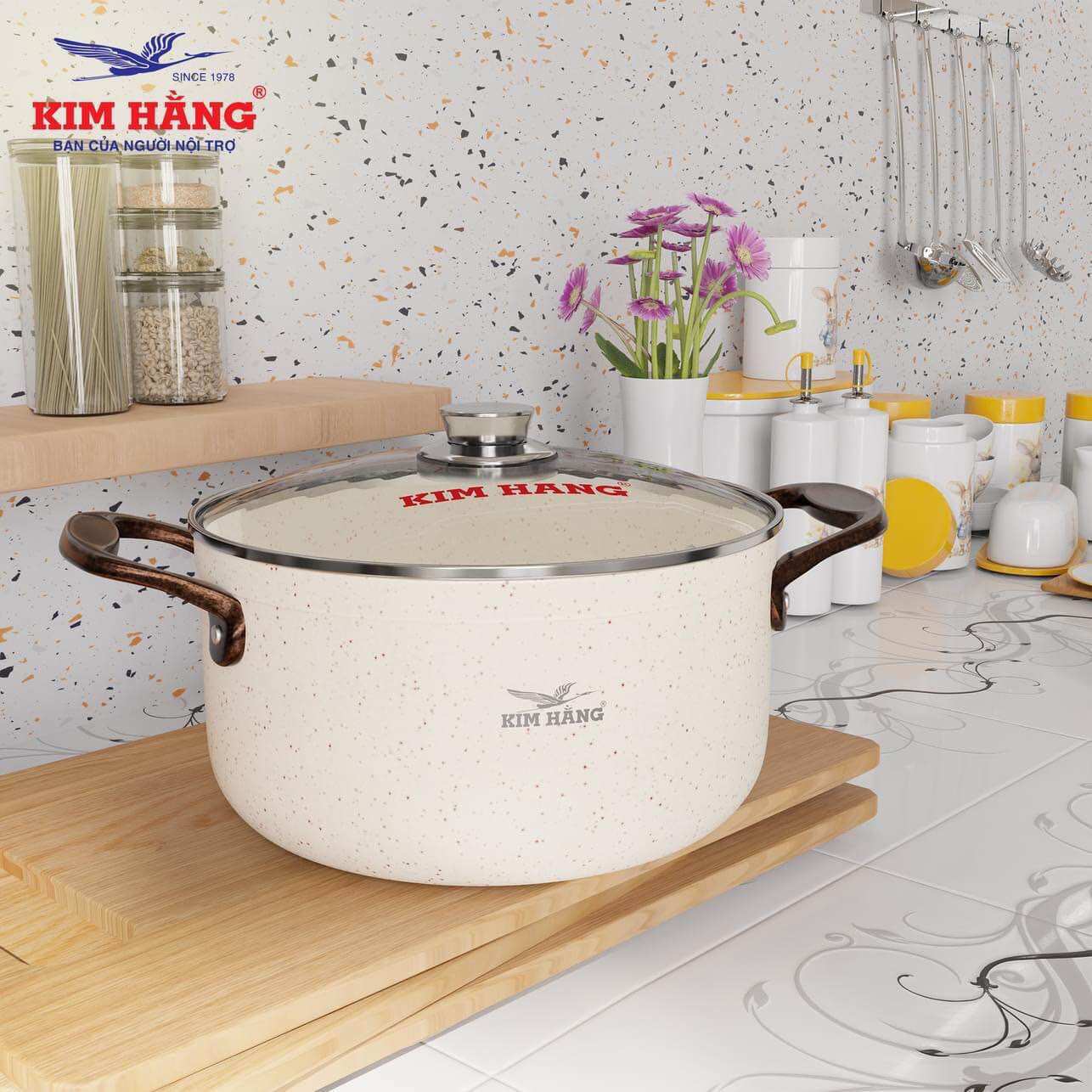 Nồi nhôm KIM HẰNG chống dính ceramic sài bếp từ nắp kiếng tay cầm chống nóng size 26cm 28cm 30cm