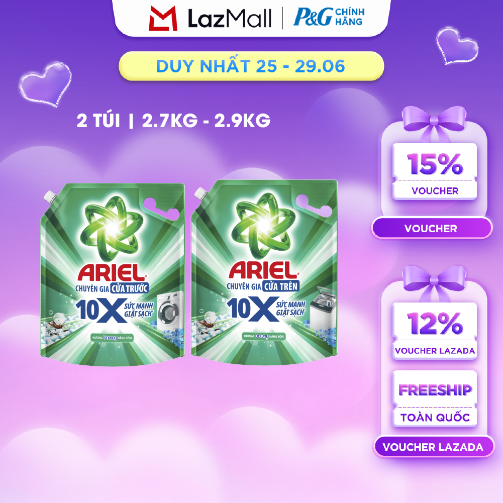 Combo 2 Nước Giặt Gel ARIEL 10X Sức Mạnh Giặt Sạch Chuyên Gia Cửa Trước - Cửa Trên Hương Downy Nắng Sớm Túi 2.7KG/ 2.9KG