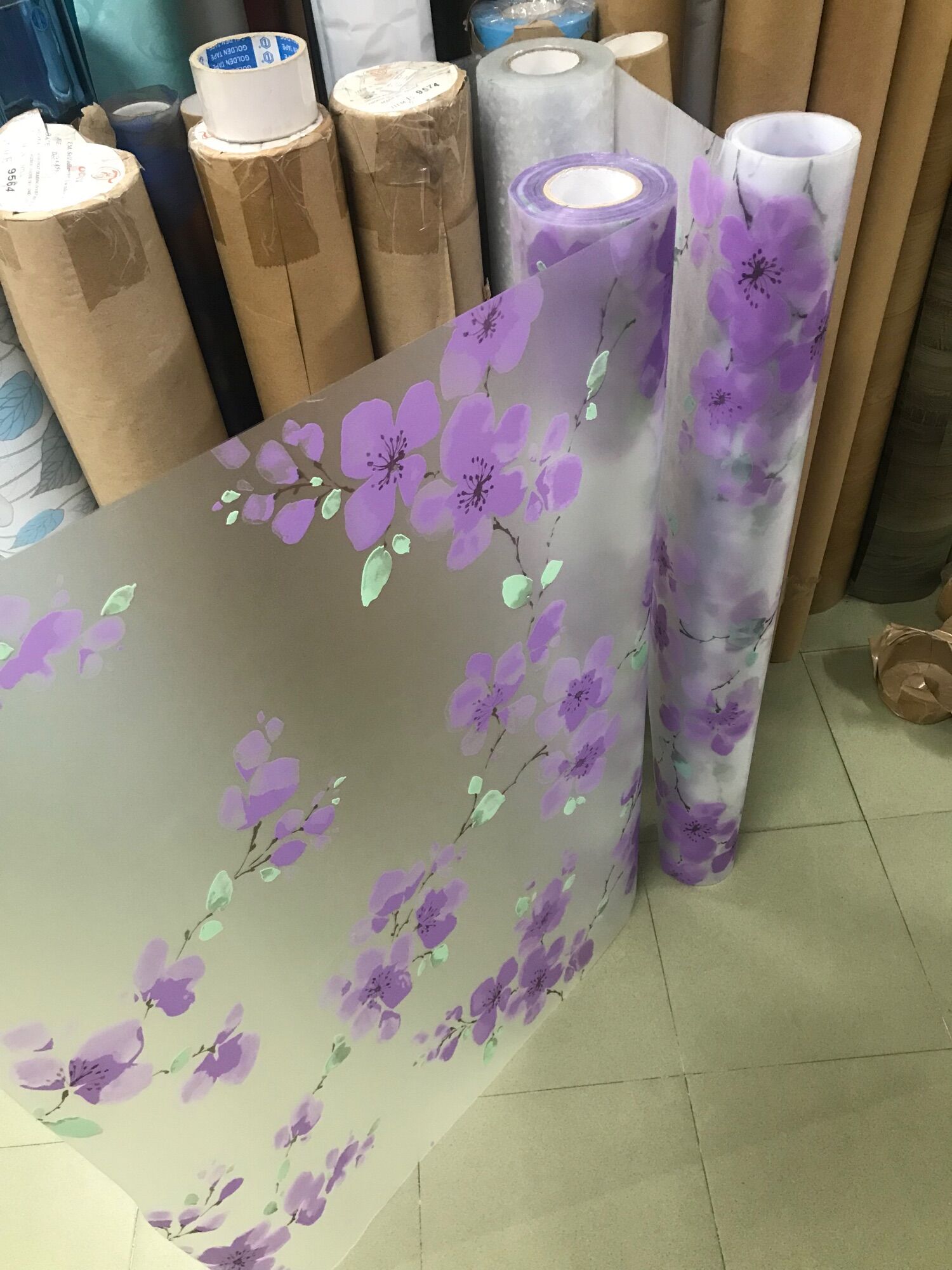 [Combo 5md*khổ 90cm] Giấy Dán Kính cửa sổ Hoa Đào Tím keo sẵn bóc dán