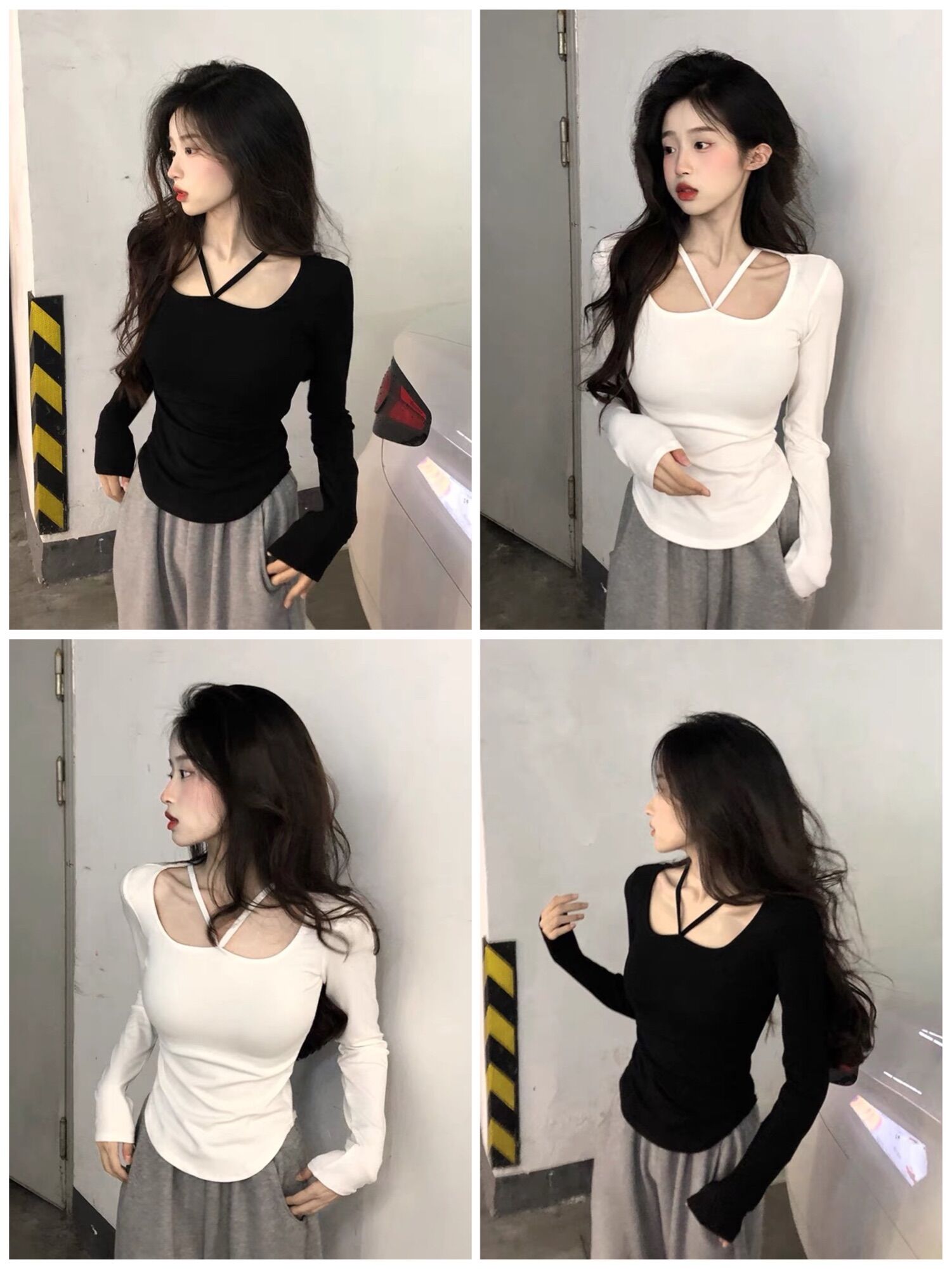 Áo kiểu croptop tay dài tà bầu phối dây đính cho nữ
