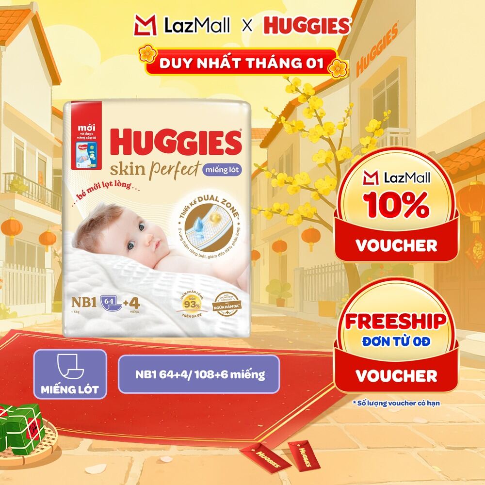 Miếng lót sơ sinh Huggies Skin Perfect NB1 64+4 NB1 108+6 miếng với 2 vùng thấm giảm kích ứng da 