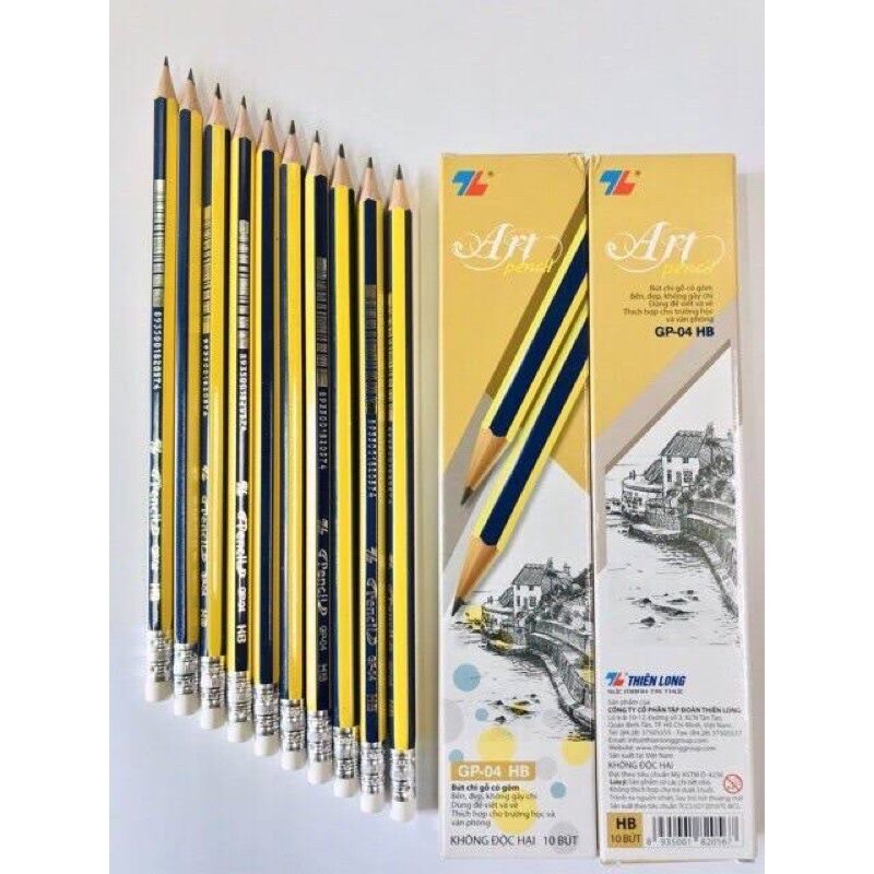 Hộp 10 cây bút chì gỗ thiên long hb có gôm gp-04 chính hãng