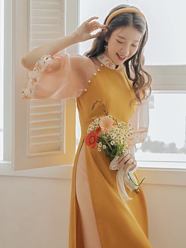 Áo Dài Cách Tân Lụa Phối Hoa Nhí Mới Lạ [BHX_Vàng]