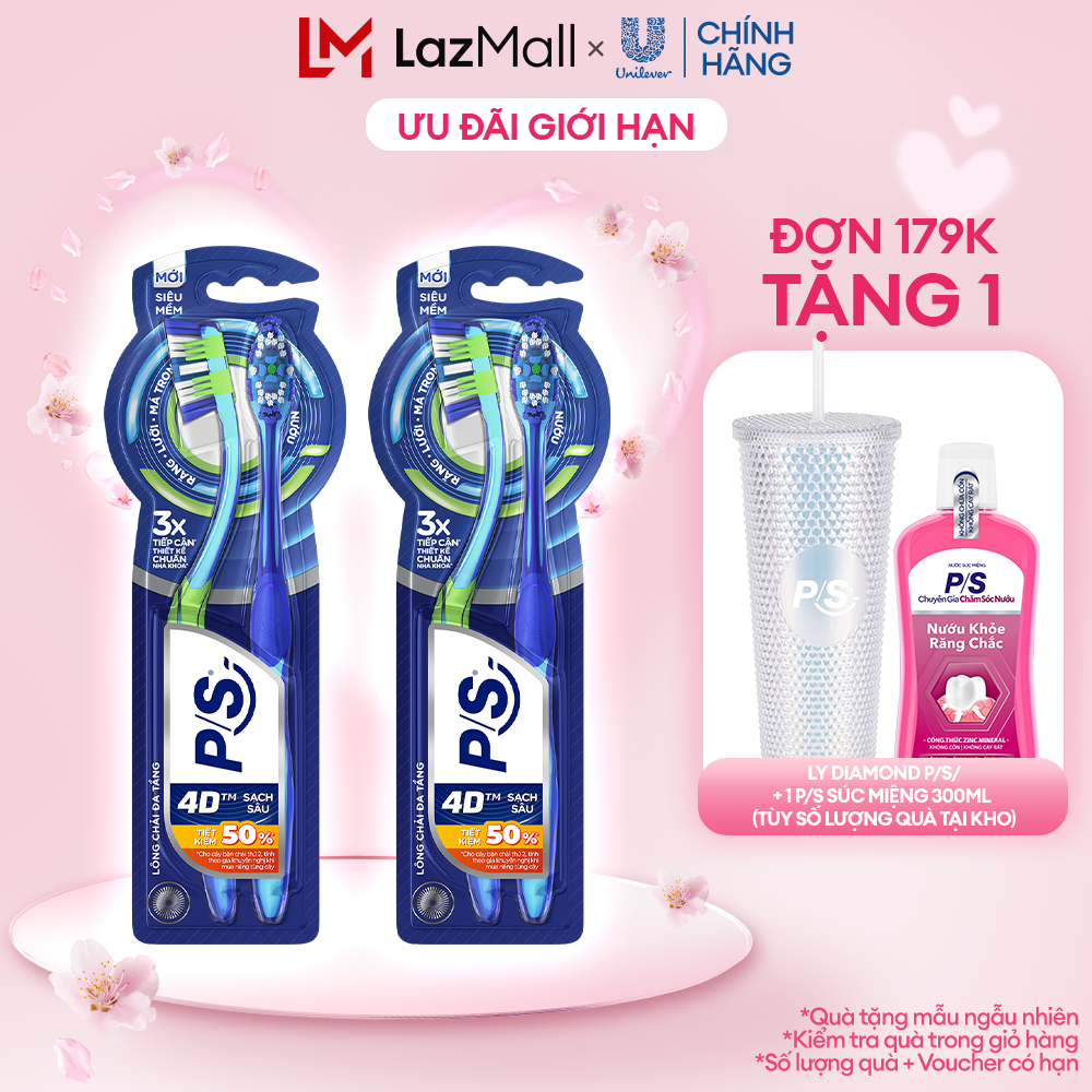 Bộ 4 bàn chải đánh răng P/S 4D Sạch Sâu Toàn Diện - Tiếp cận đến 3X diện tích khoang miệng