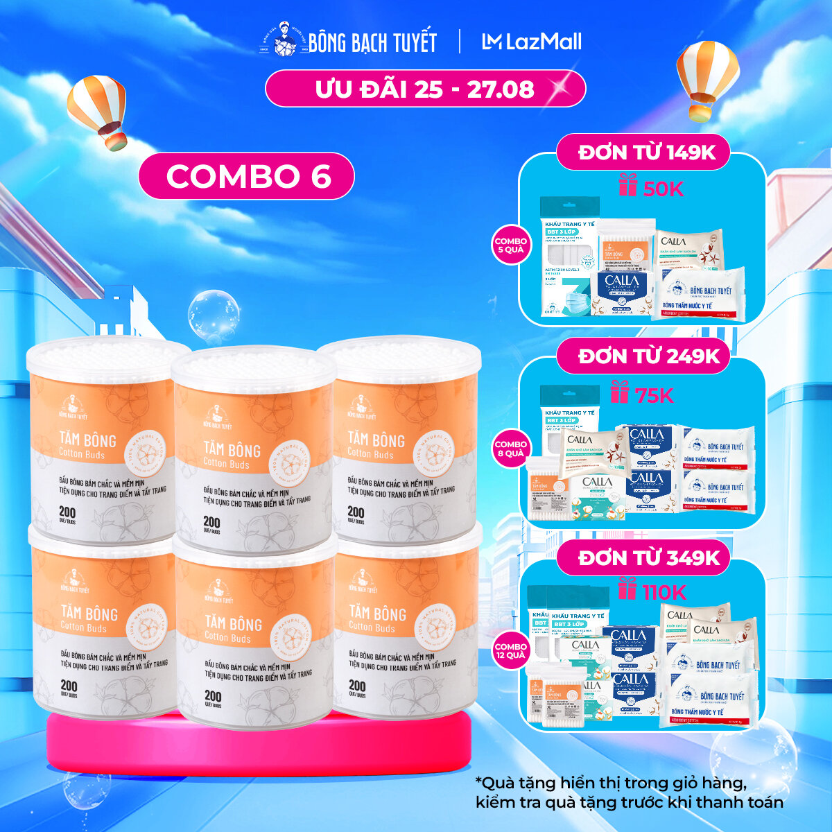 Combo 6 Hộp tăm bông Bông Bạch Tuyết người lớn