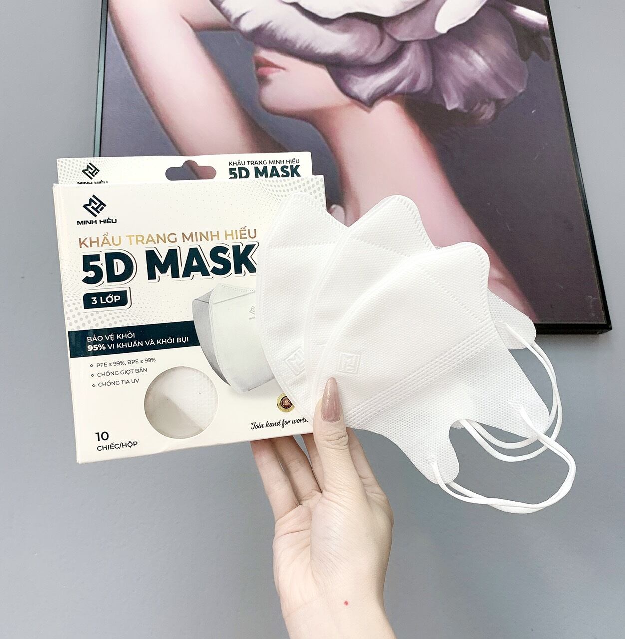 Khẩu trang 5D mask Minh Hiếu [Hộp 10 cái] quai thun khẩu trang y tế kháng khuẩn dày 3 lớp vải không dệt