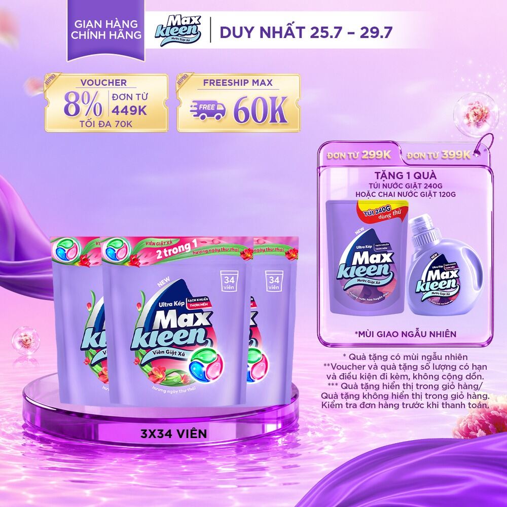 Combo 3 Túi Viên Giặt Xả MaxKleen 2 Trong 1 hương Ngày Thư Thái (34 viên/ túi)
