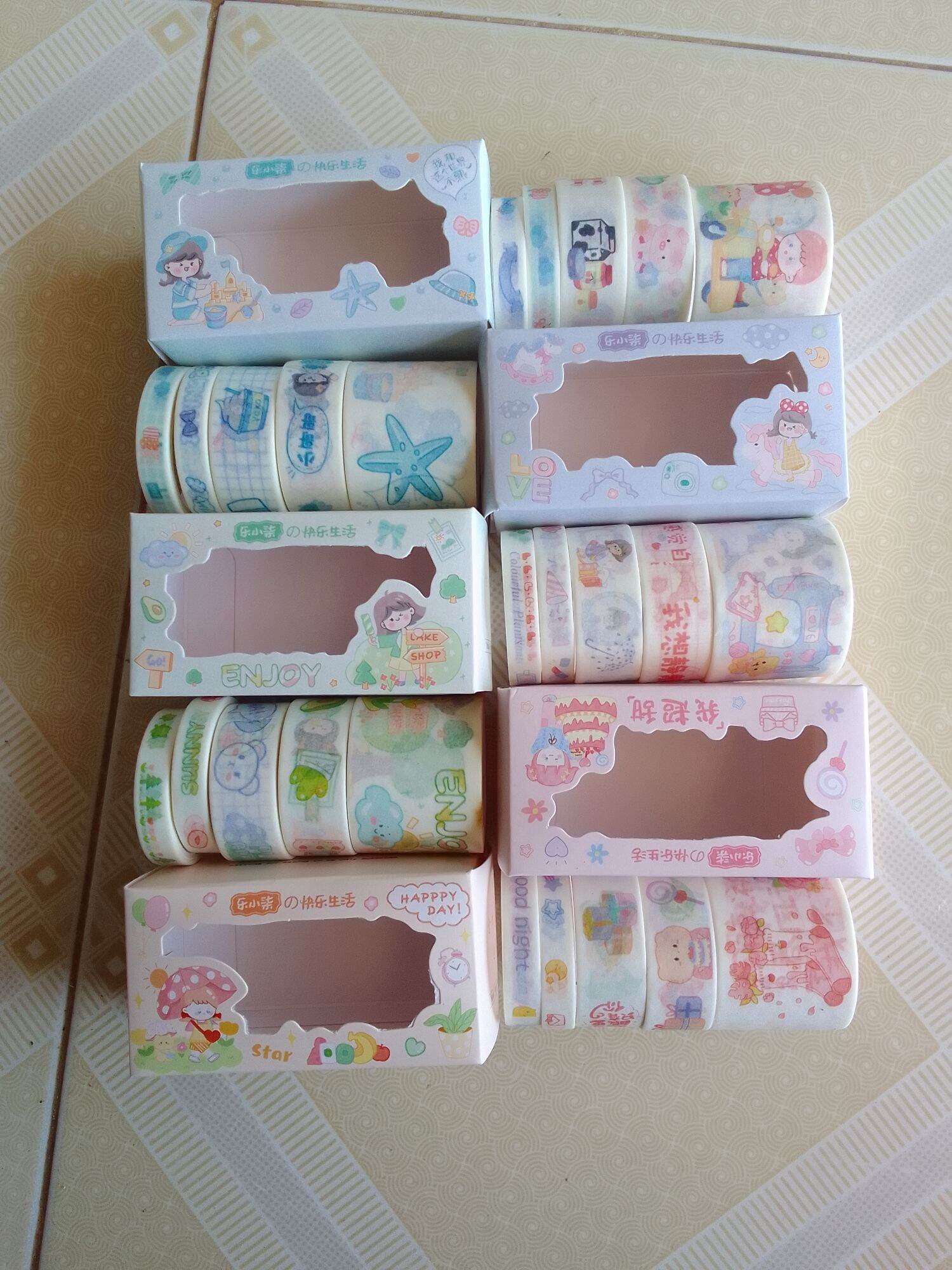 HỘP 5 CUỘN BĂNG KEO GIẤY WASHI 3 KÍCH THƯỚC HỌA TIẾT DỄ THƯƠNG DÙNG TRANG TRÍ