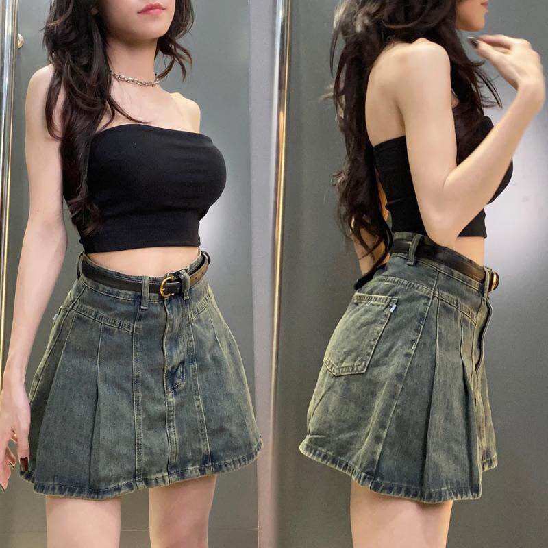 🎀chân váy jean xếp li - hàng vnxk.