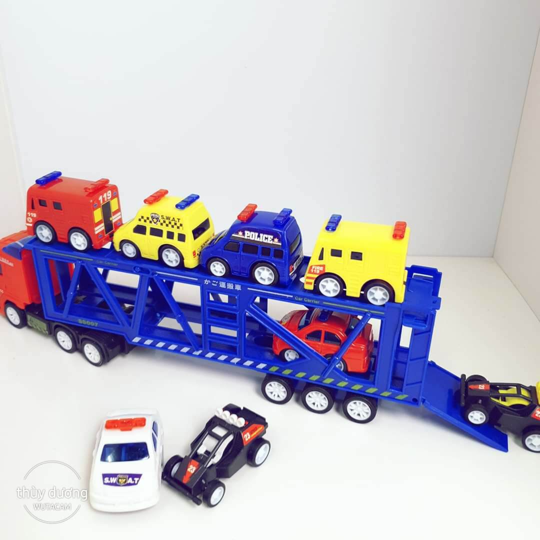 Đồ chơi oto xe container xe đầu kéo chở 8 xe oto