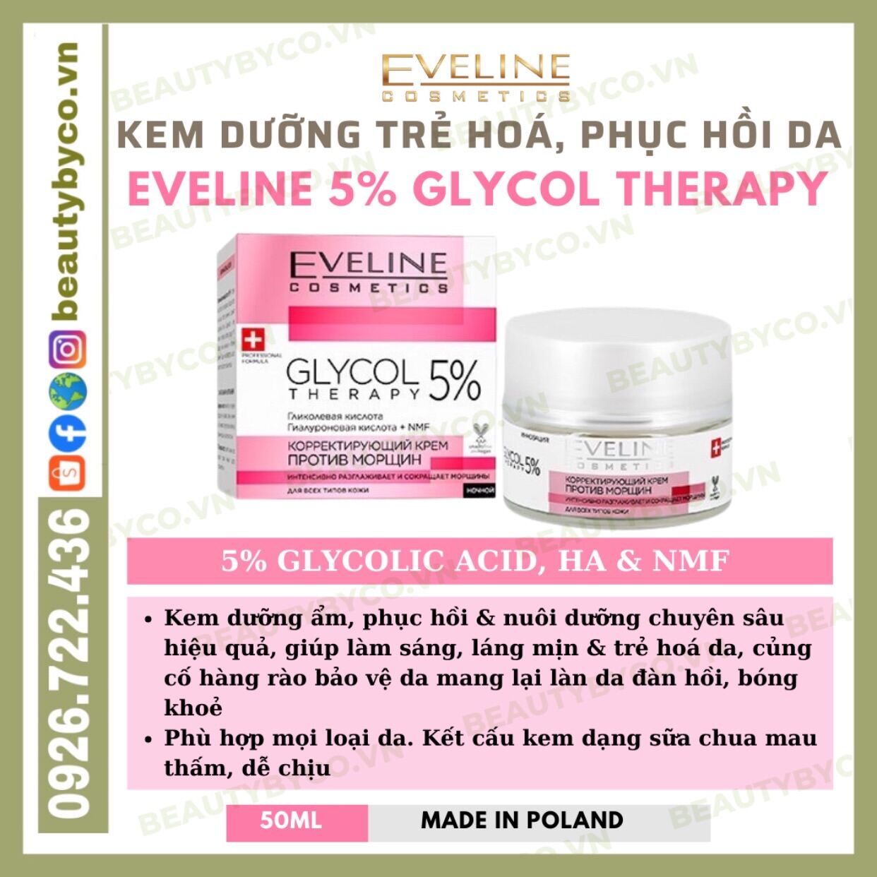 Kem Dưỡng Eveline Glycol Therapy 5% Anti Wrinkle Correcting Cream Trẻ Hoá & Phục Hồi Da