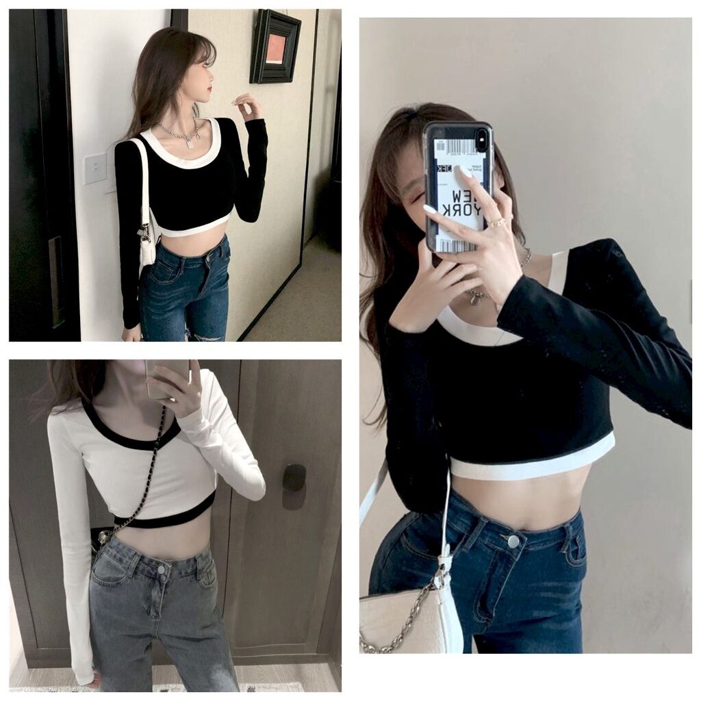 Áo croptop tay dài cổ tròn