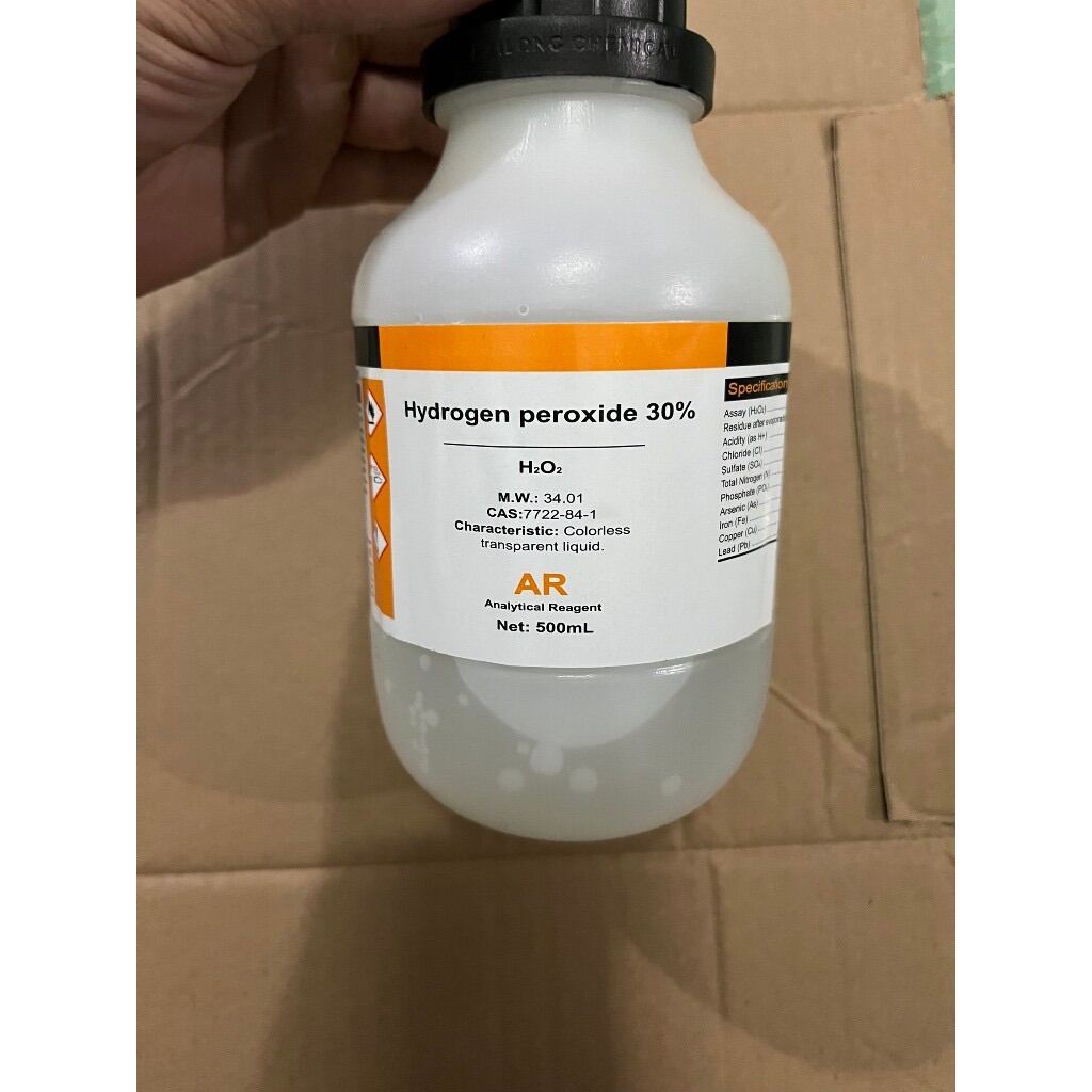 Hóa chất Hydrogen Peroxide 30% Oxy già H2O2 tinh khiết chai 500ml thí nghiệm an toàn ((AR Chai 500ML