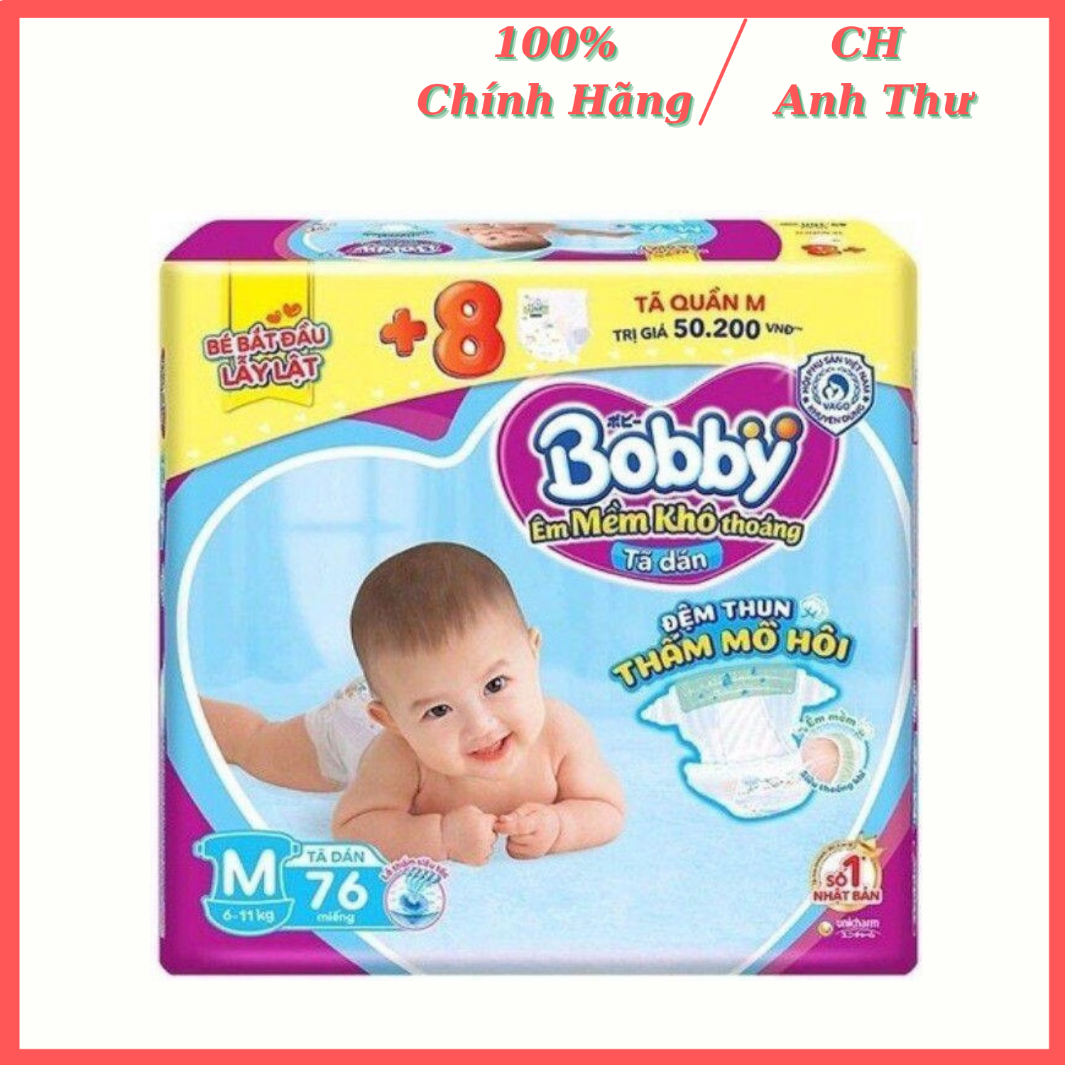 [Tặng Thêm 8 Miếng] Tã Dán Bobby M76, Từ 6-11kg