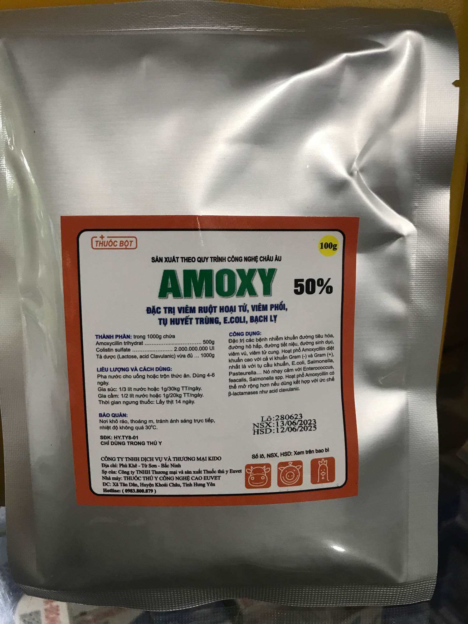 Amox 50% gói 100g dùng cho 15 tấn vật nuôi