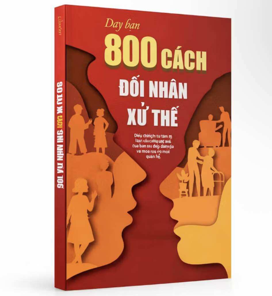 Sách "800 Cách Đối Nhân Xử Thế" với bìa màu đỏ và hình ảnh cắt dán minh họa các tương tác xã hội.