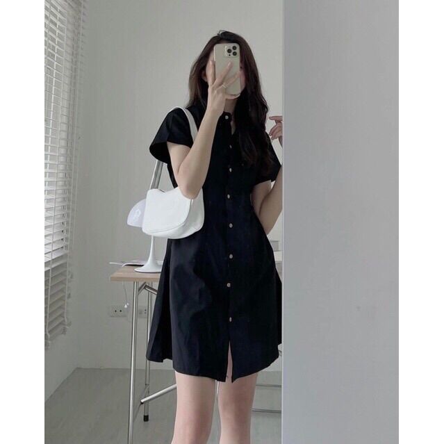 Váy sơ mi dáng chữ A kaki thô chun sau - Váy sơ mi công sở dáng A chất kaki thô