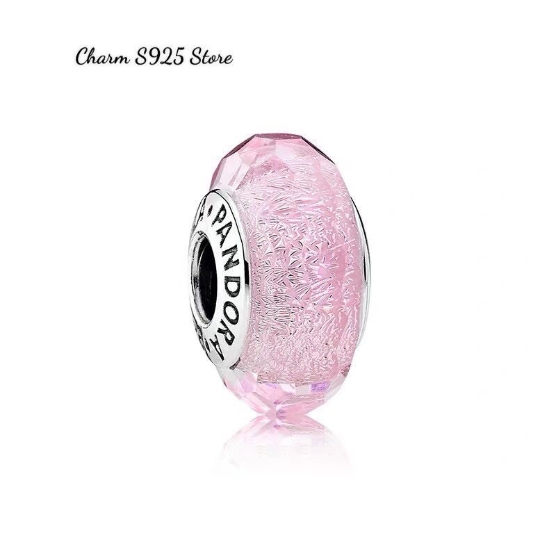 Charm pan ale thuỷ tinh hồng ánh tuyết bạc s925