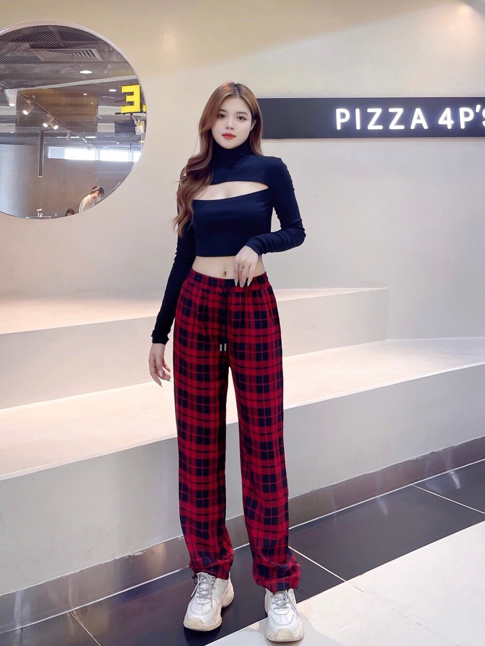 Quần sọc caro đỏ suông dài. Quần jogger mềm mịn hottrend
