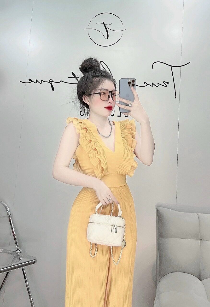 Jum dập ly dài cổ V bèo chất voan lụa có lót 40 - 55kg