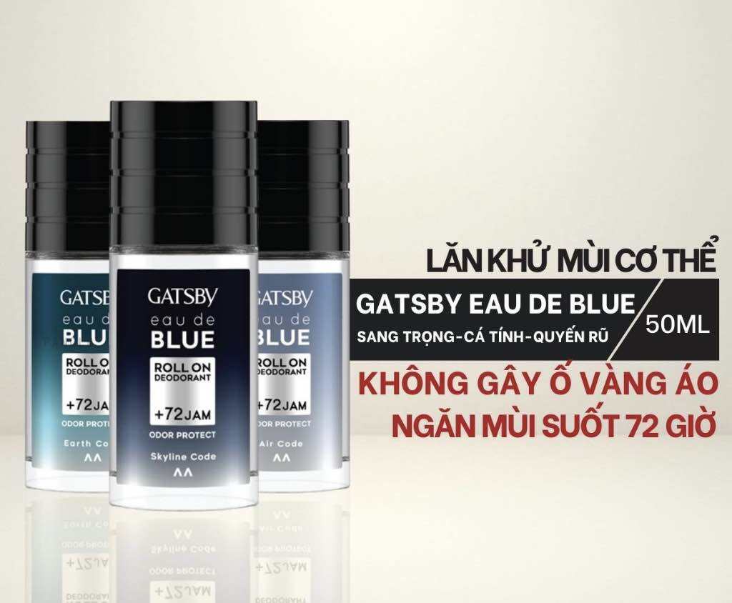 Lăn Khử Mùi Gatsby Eau De Blue Roll On 50ml dành cho Nam,Khử mùi hôi nách suốt 72 giờ