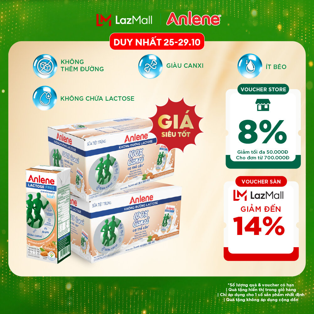Combo 2 Thùng 36 hộp sữa Anlene không đường Lactose vị hạnh nhân 180ml