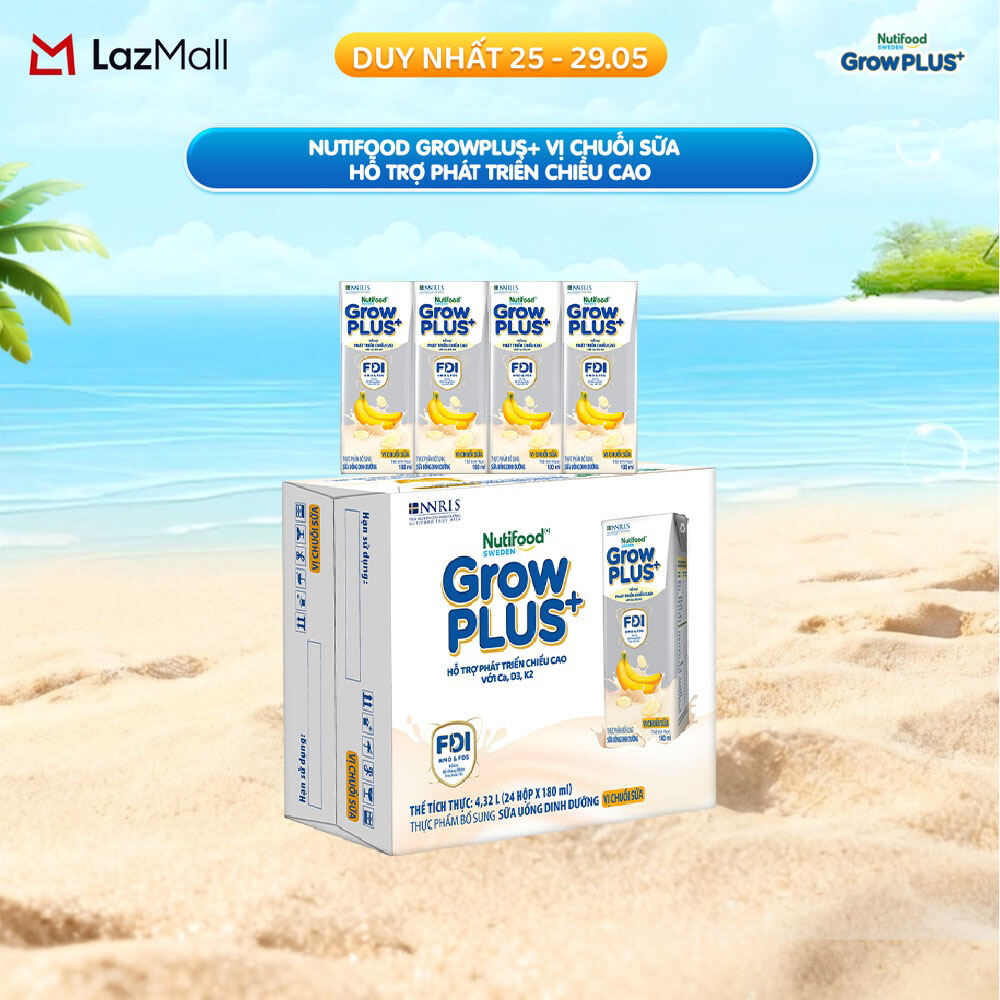Thùng 24 hộp Sữa bột pha sẵn Nutifood Sweden GrowPLUS+ Vị Chuối Sữa hộp 180ml - Hỗ trợ phát triển chiều cao (24 hộp x 180ml)