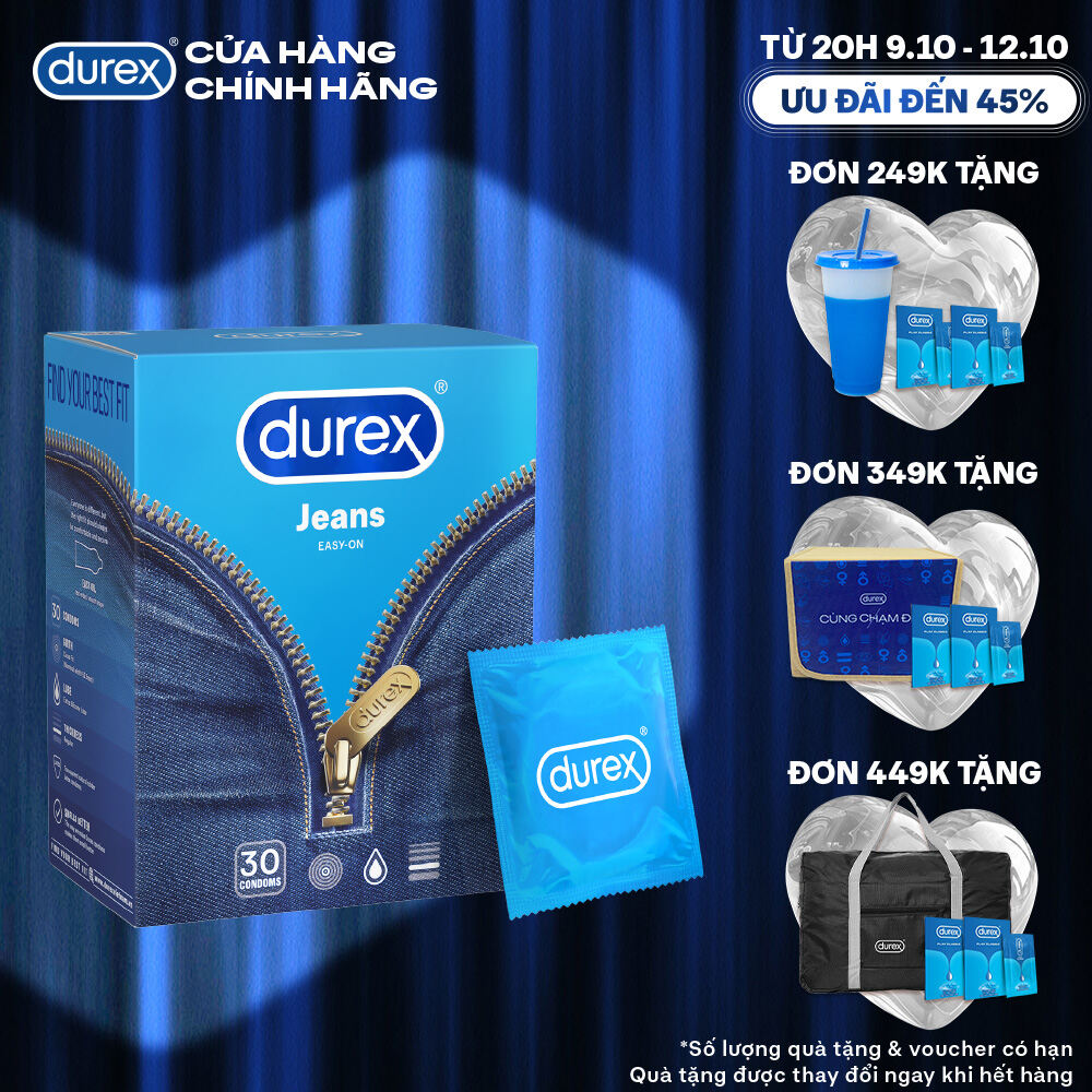 [TỪ 20H | 9-12.10 VOUCHER GIẢM THÊM 5%] [ĐỘC QUYỀN] Bao cao su Durex Jeans cơ bản, bôi trơn, size 52.5mm, hộp 30 bao