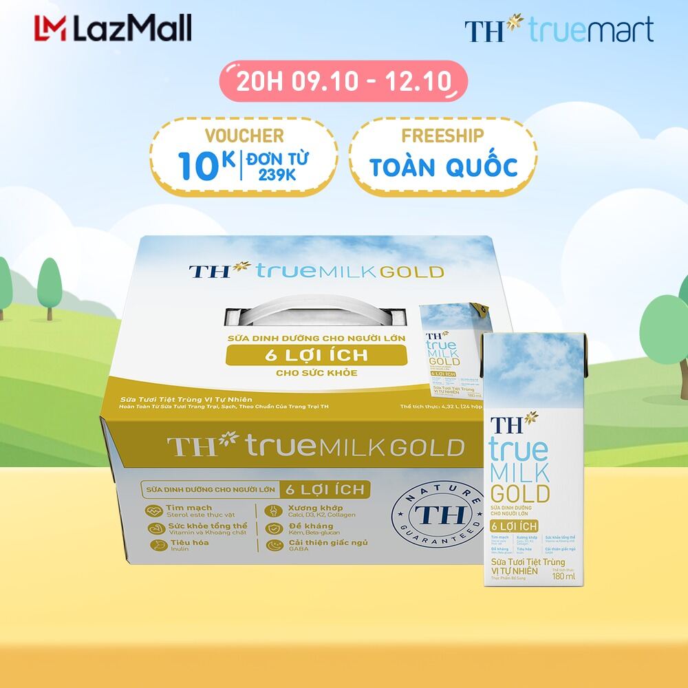 Thùng 24 hộp sữa tươi tiệt trùng vị tự nhiên TH true MILK GOLD dành cho người lớn tuổi 180 ml (180 ml x 24)