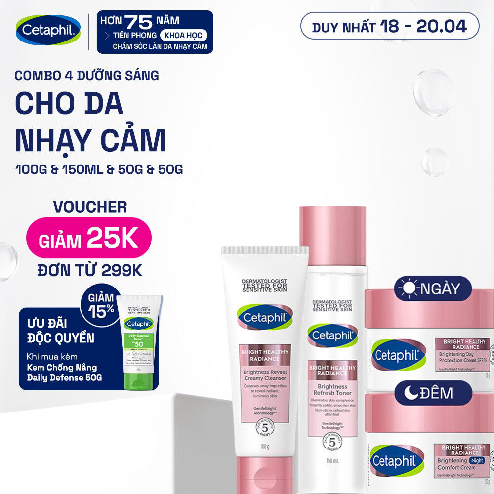 Trọn bộ 4 sản phẩm dưỡng sáng Cetaphil Bright Healthy Radiance Sữa rửa mặt 100g + Nước cân bằng 150ml + Kem dưỡng ẩm ngày 50g và Kem dưỡng ẩm đêm 50g