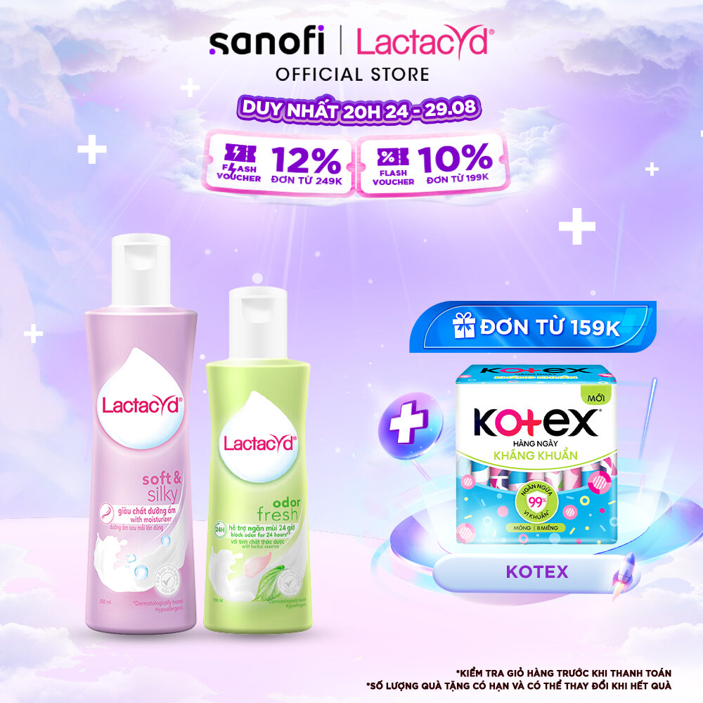Bộ Dung Dịch Vệ Sinh Phụ Nữ Lactacyd Soft & Silky Dưỡng Ẩm 250ml + Odor Fresh Ngăn Mùi 24H 150ml