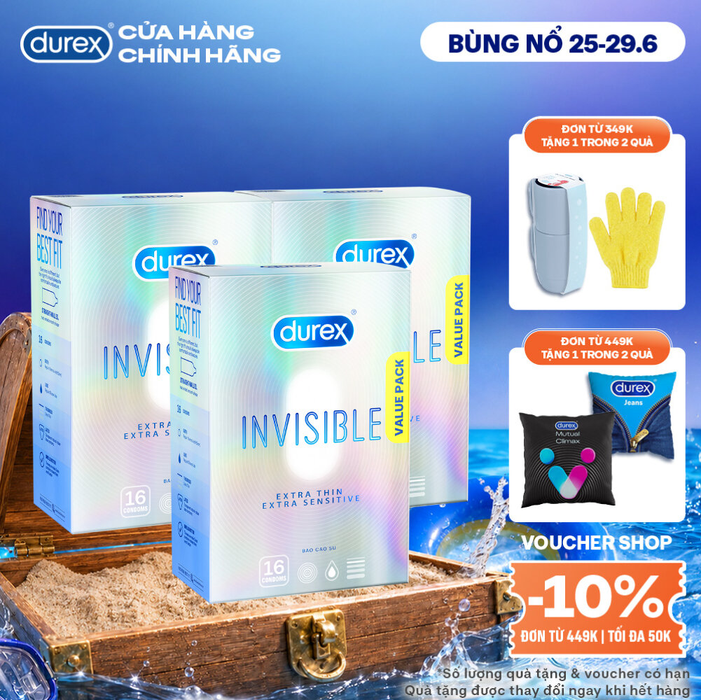 Bộ 3 Hộp Bao Cao Su Durex Invisible Siêu Mỏng, Size 52 mm, Hộp 16 Bao