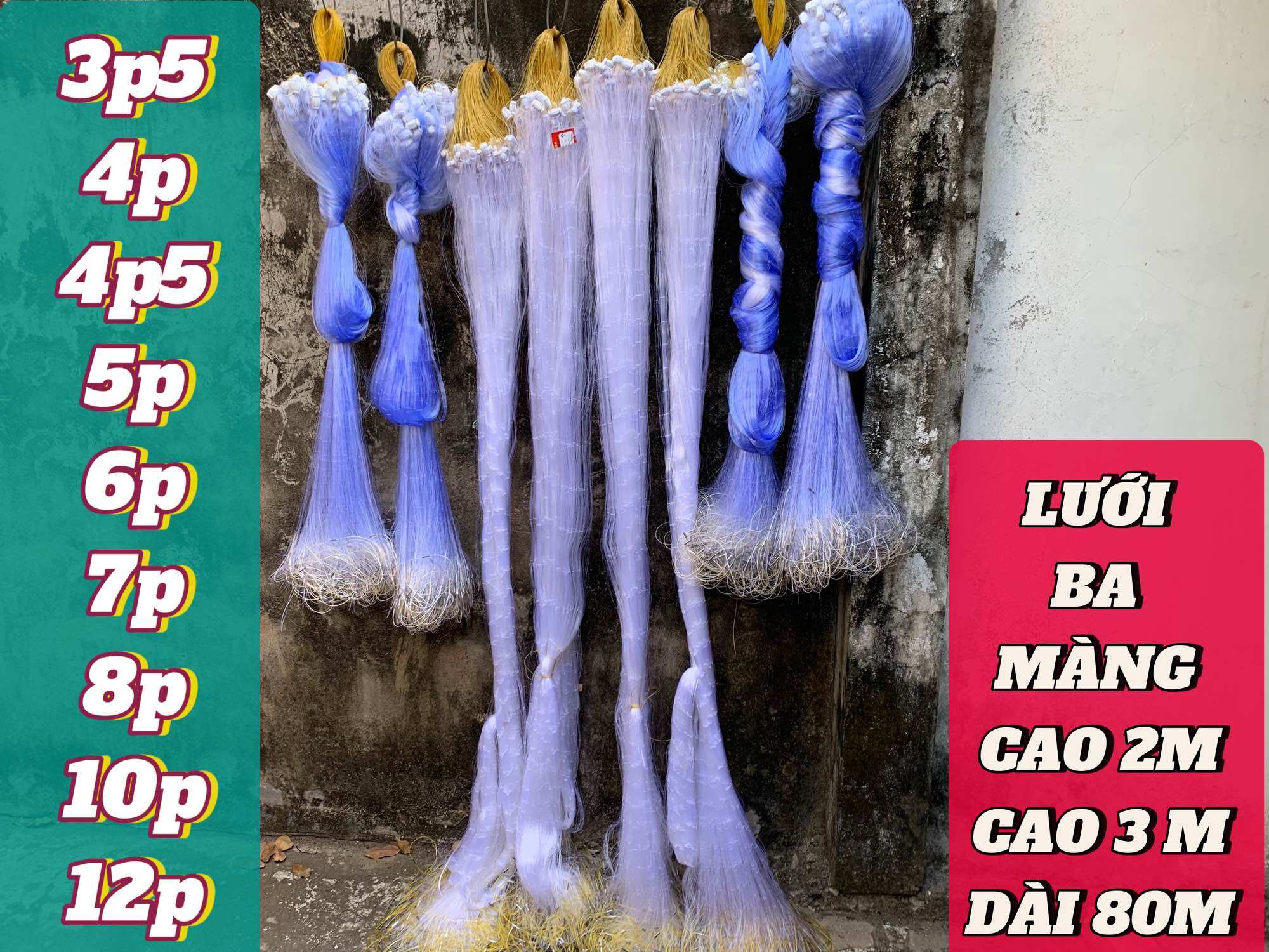 Lưới 3 màng cao 2m, 3m chuyên đánh chìm .! đủ kích cỡ lưới từ 4,5phân => 12phân .!