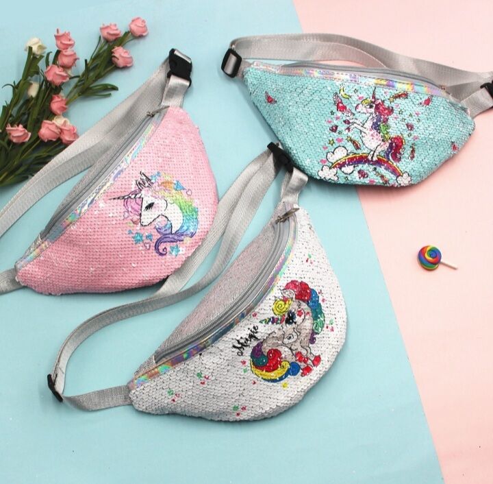 Túi đeo chéo cho bé gái đính kim sa vuốt 2 màu, họa tiết hoạt hình ngựa pony kỳ lân