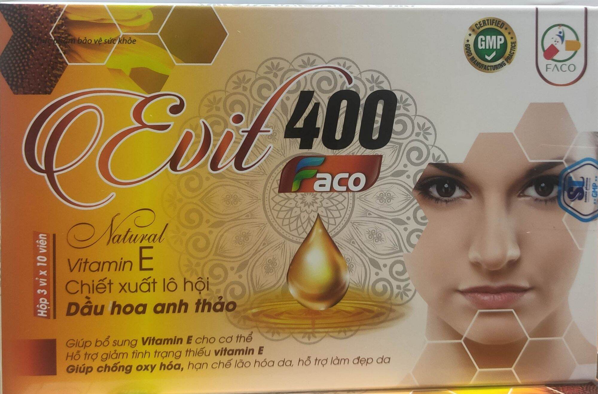 Vitamin e ( evit 400 faco) chứa dầu hoa anh thảo, lô hội - chống oxy hoá - làm đẹp da