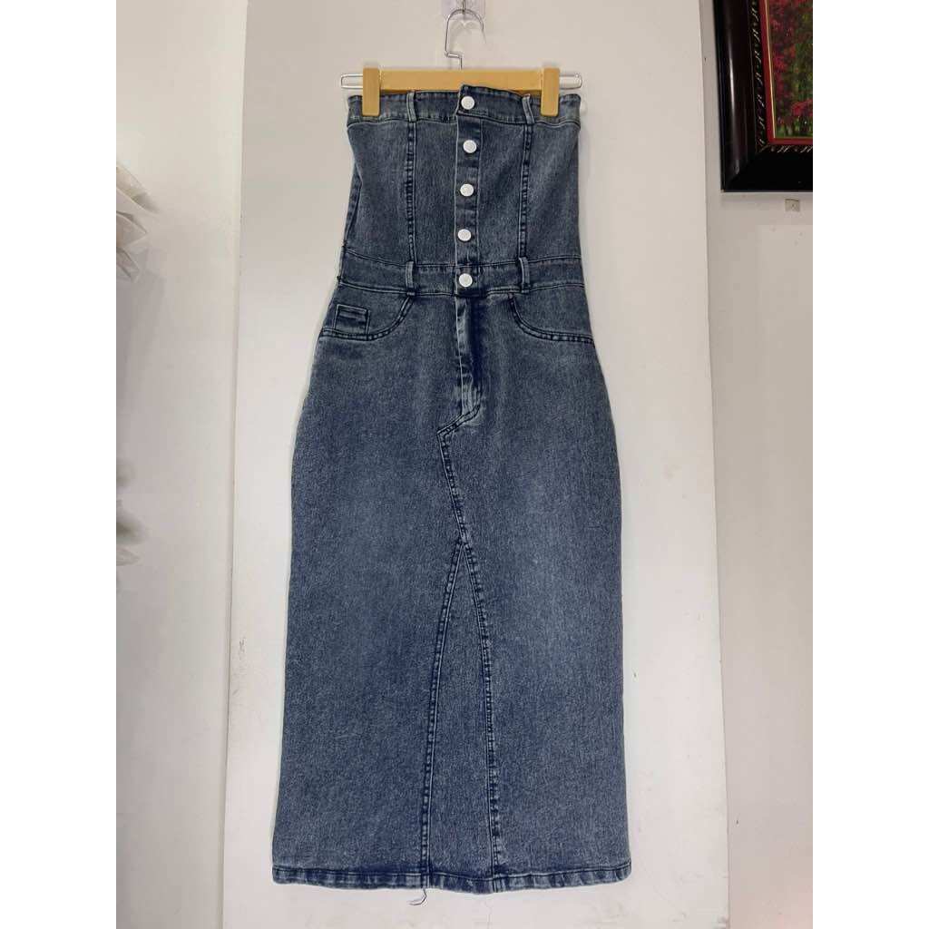Đầm Jean ống đan dây lưng, Váy Bò xoè cá tính