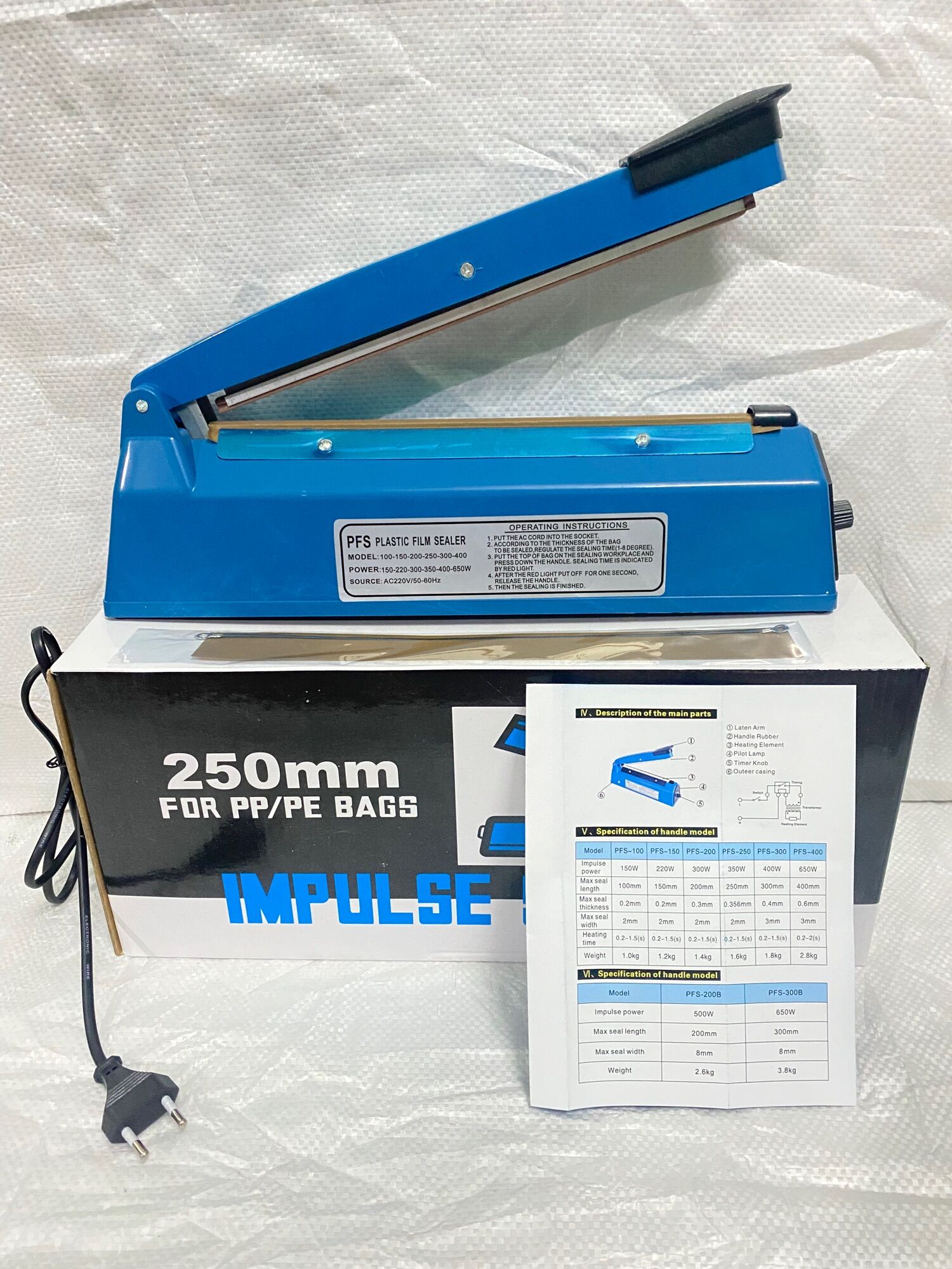 Máy hàn miệng túi nilon / zip bạc dập tay pfs 200, 250, 300, 400 + tặng bộ dây hàn