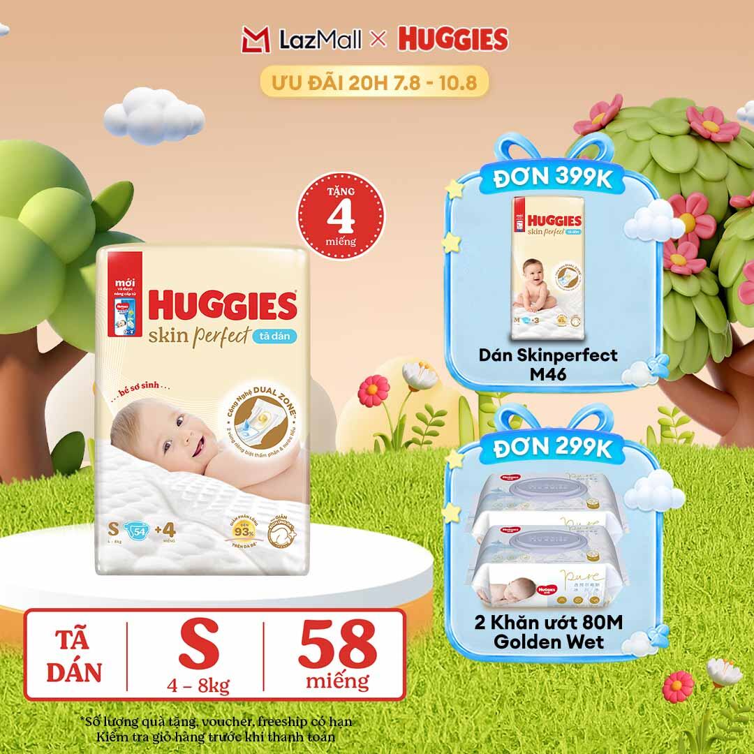 [20h 7-10.8 QUÀ TẶNG ĐƠN 0Đ] Tã/bỉm dán sơ sinh Huggies Skin Perfect S 54+6 miếng với 2 vùng thấm giảm kích ứng da