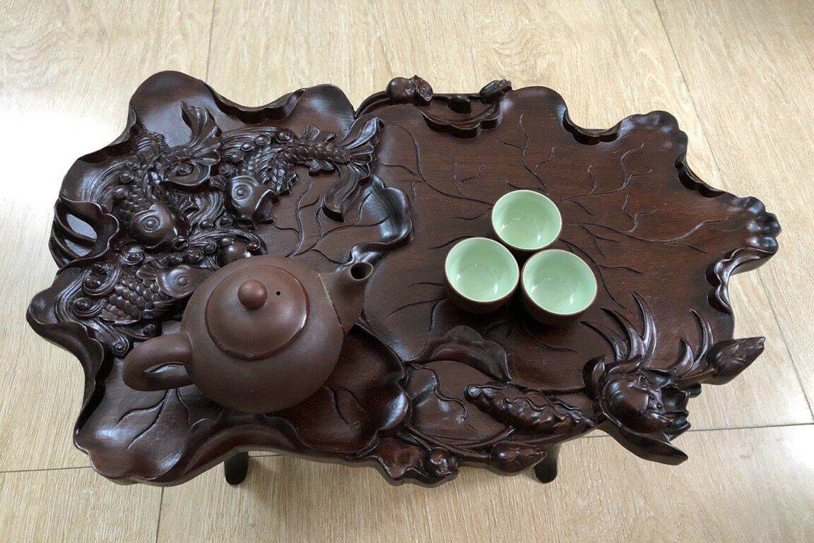 Khay trà sen cá gỗ gụ 50x30cm