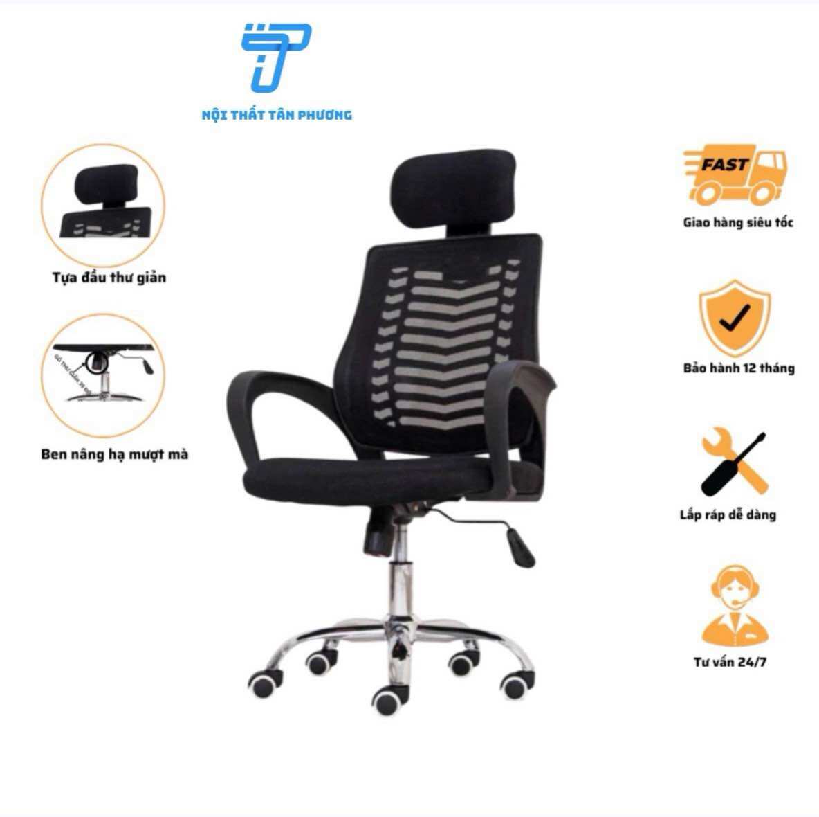 [ Giao hoả tốc HCM] ghế xoay tựa đầu văn phòng - nội thất Tân Phương