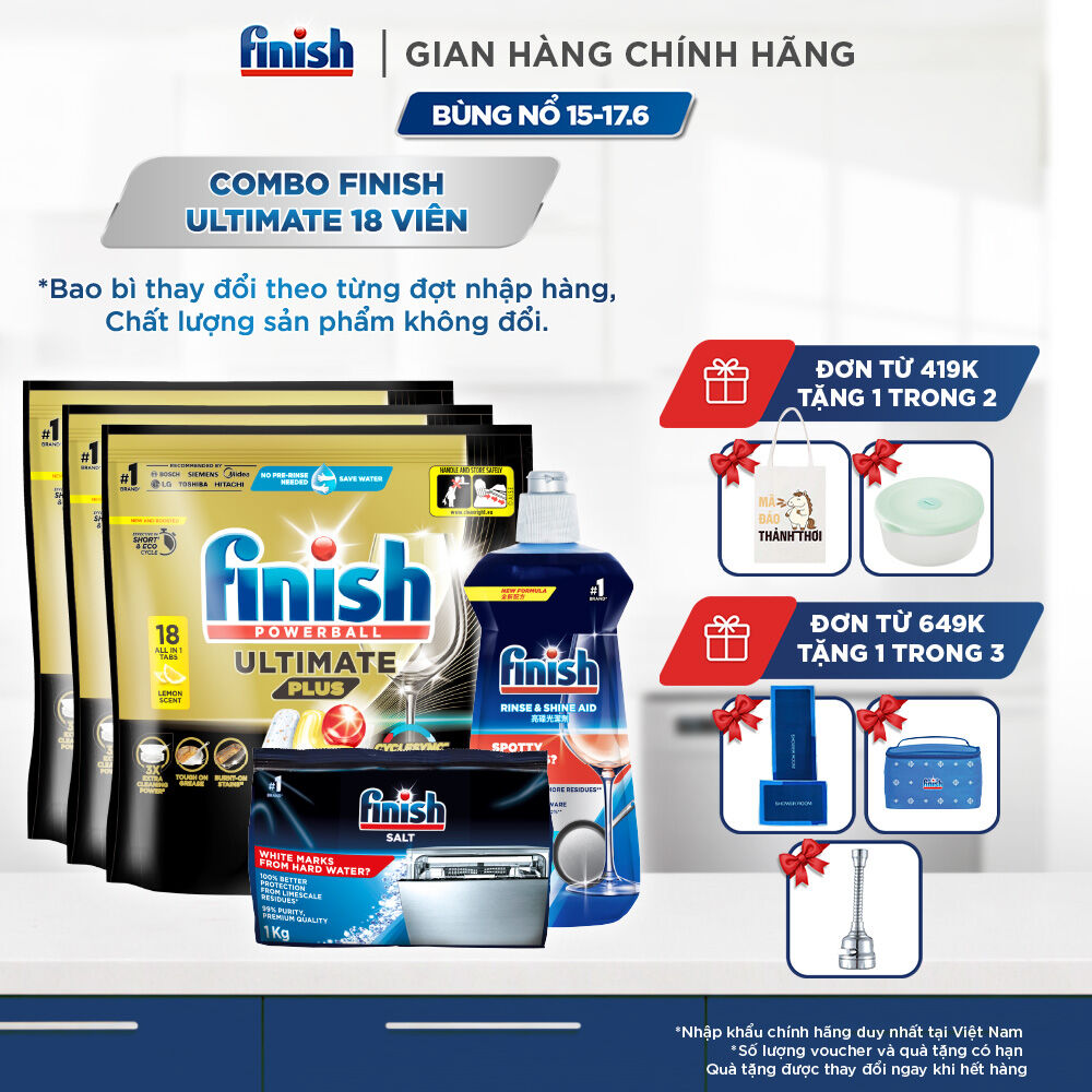 Combo 3 Viên rửa chén Finish Ultimate 18 viên + Nước làm bóng 500ml + Muối rửa chén 1kg