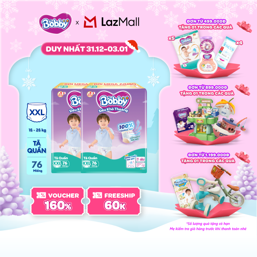 CHỈ 20h 31.12-03.01 QT Đơn 899K 1199K Combo 2 Tã bỉm quần Bobby 3mm Mega Jumbo Gạo non Giảm nhiệt XXL76 Bao bì thay đổi theo từng đợt nhập hàng