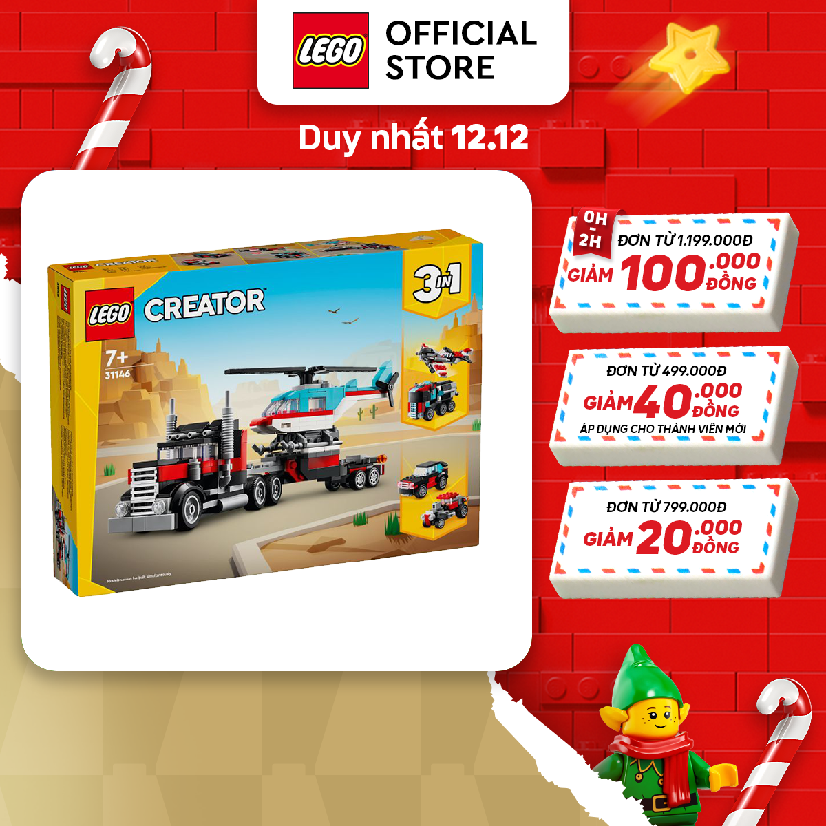 LEGO CREATOR 31146 Đồ chơi lắp ráp Xe tải vận chuyển trực thăng (270 chi tiết)