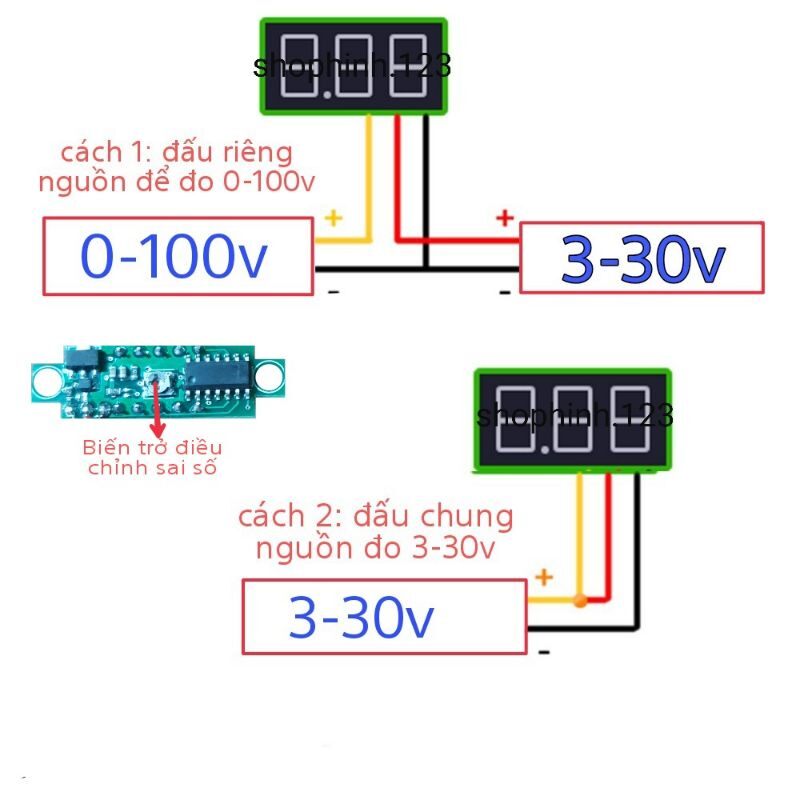 Vôn kế điện tử mini 0.28 inch 3 dây .3,5v-30v (đo 0-100V DC)