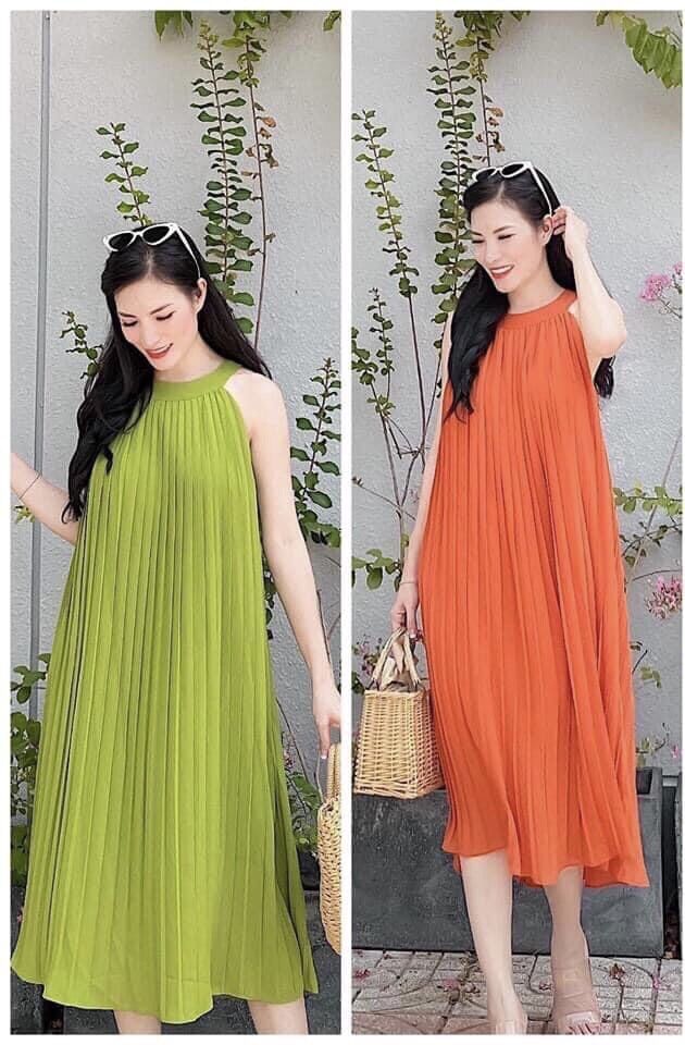 [HCM]Đầm maxi dập ly cổ yếm siêu đẹp hình thật đủ màu