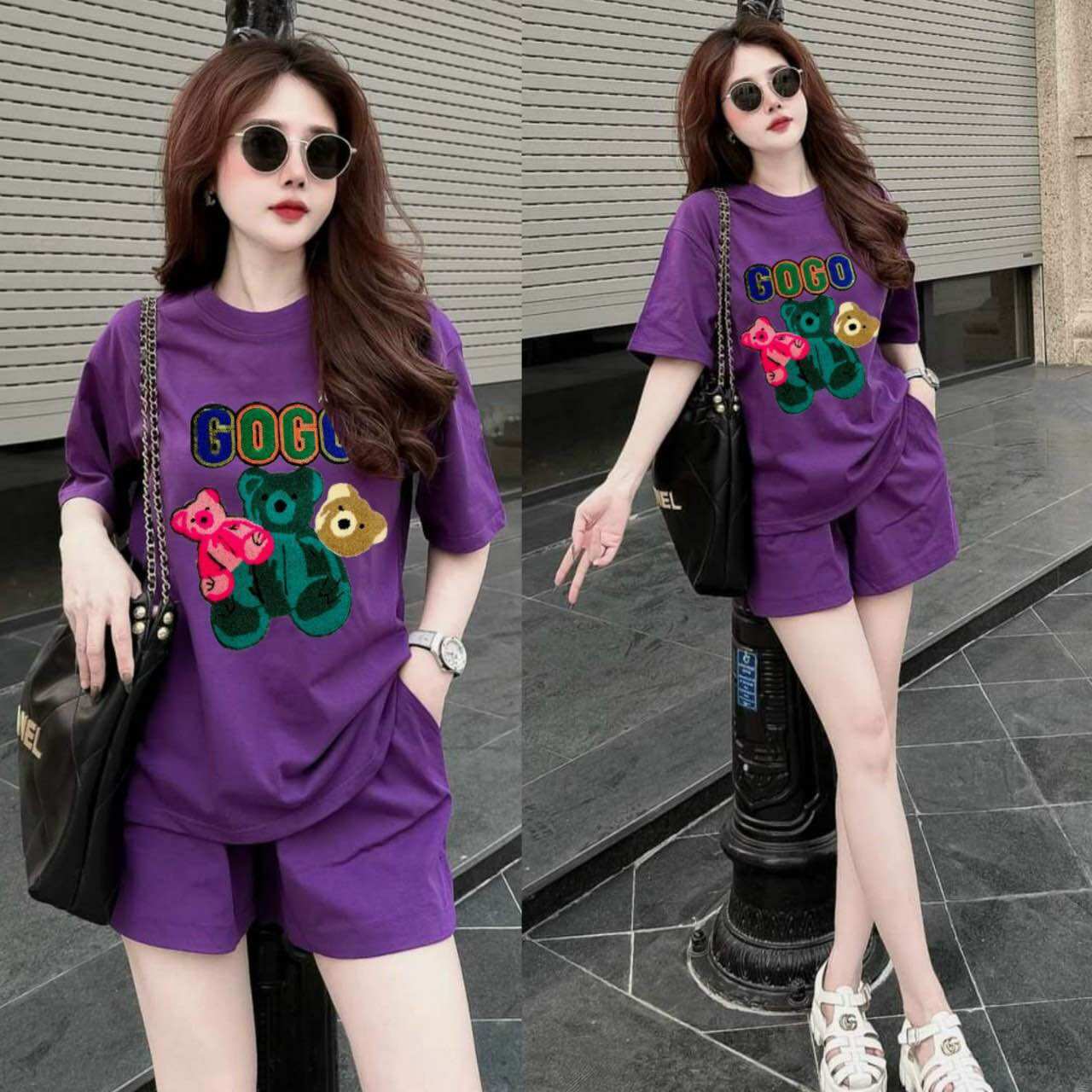 Bộ short nữ thun cotton thêu gogo 3 gấu ht thêu nổi