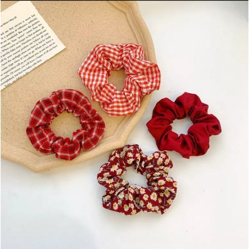 Set 10 thun cột tóc scrunchies tone màu đỏ buộc tóc hottrend