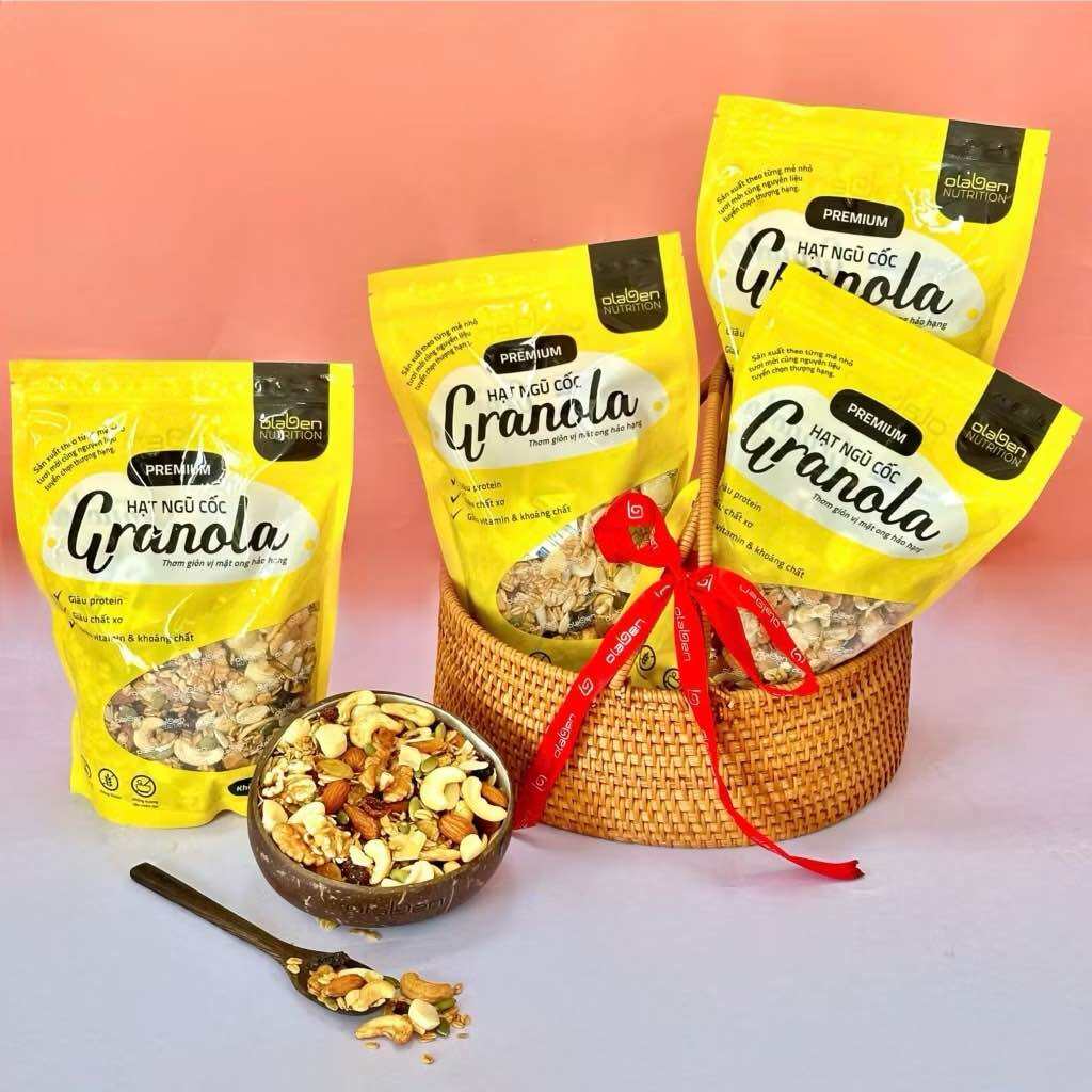 ( MUA 4 GÓI TẶNG CHÉN) Olaben Nutrition Hạt Granola Gói 500gam - Ngũ cốc giảm cân nướng Mật ong Vanila