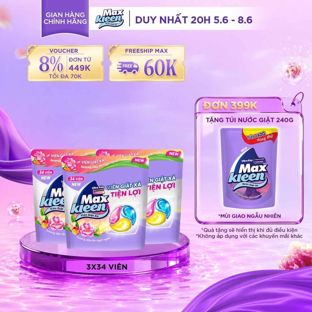 Combo 3 Túi Viên Giặt Xả MaxKleen Hương Huyền Diệu (34 viên/túi)